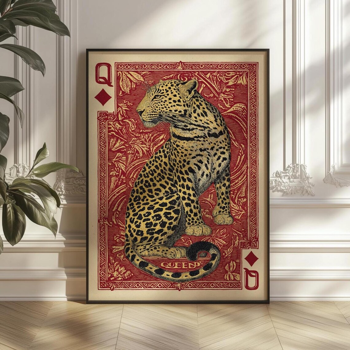 Leopard Queen Of Diamonds Playing Card Red Gold Vintage Engraving Poster