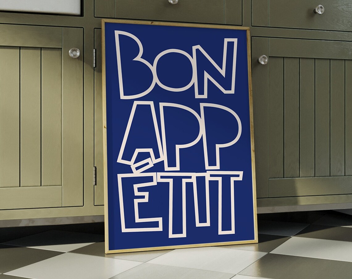 Bon Appetit Oversized White Block Letter Blue Kitchen Poster
