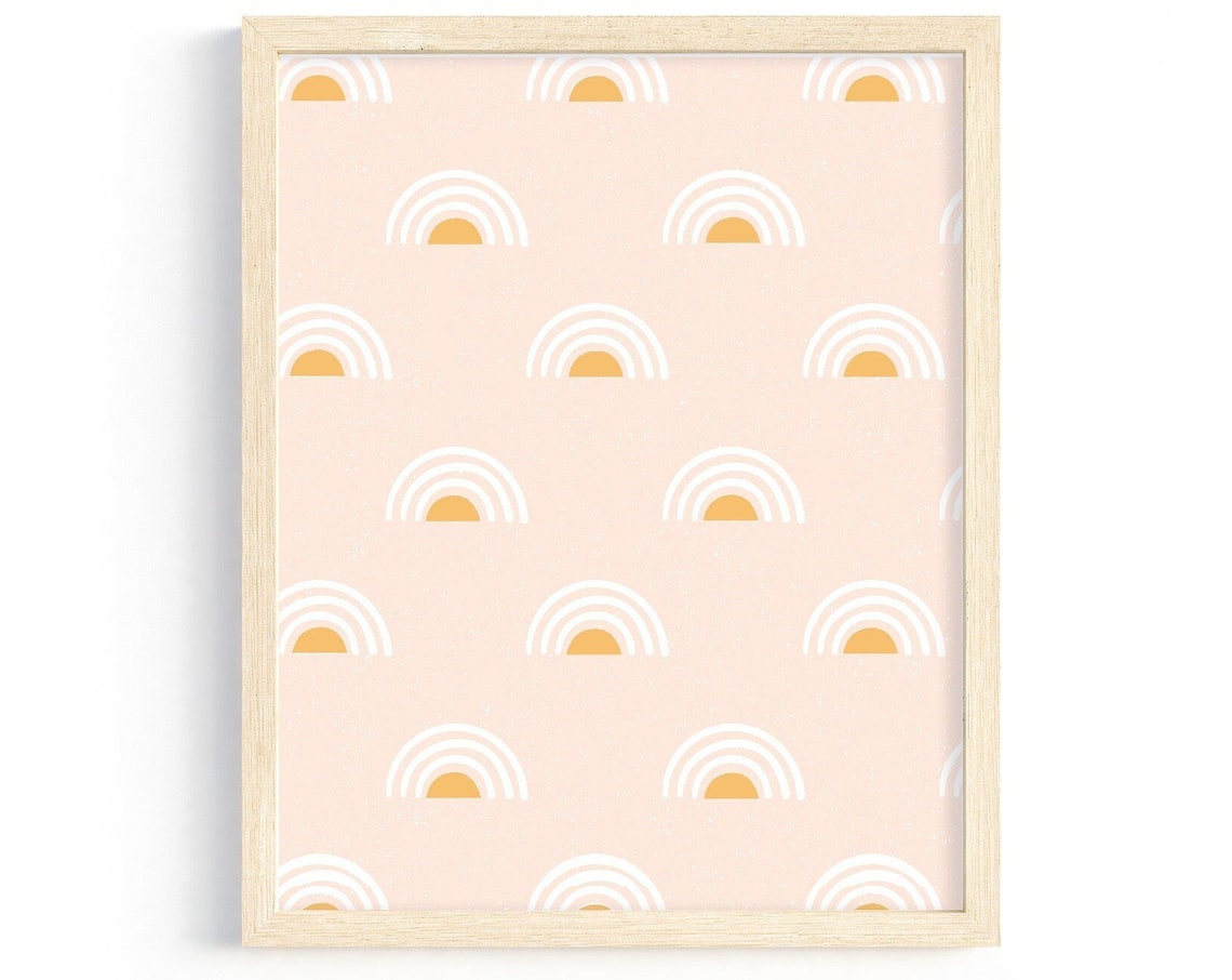Blush Pink Mini Rainbow Pattern Mustard Suns Nursery Wall Poster