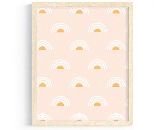 Boho Nursery Art Rainbow Print Baby Girl Nursery Wall Art Peach Dusty Pink Mustard Yellow Kids Prints Girls Bedroom Decor