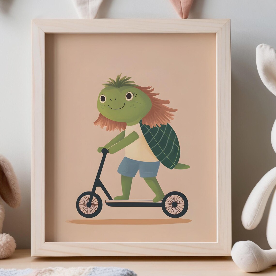 Smiling Turtle with Red Hair Riding a Kick Scooter Nursery Wall Poster - Image 4