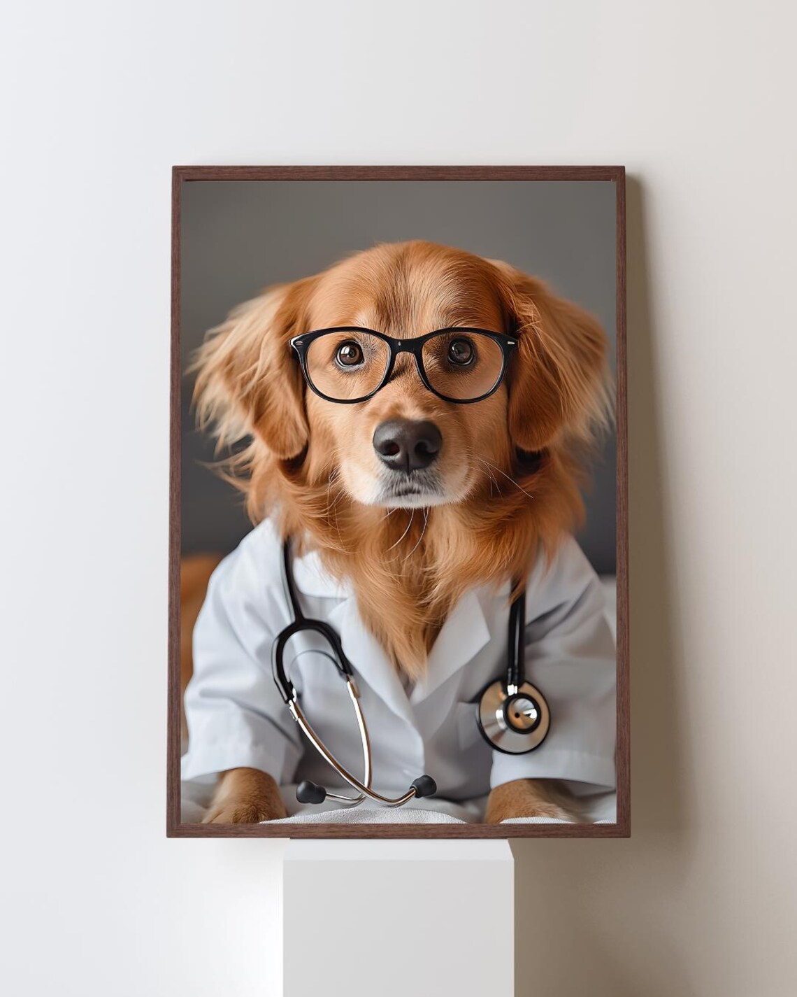 Golden Retriever Doctor Costume Glasses Funny Dog Portrait Poster