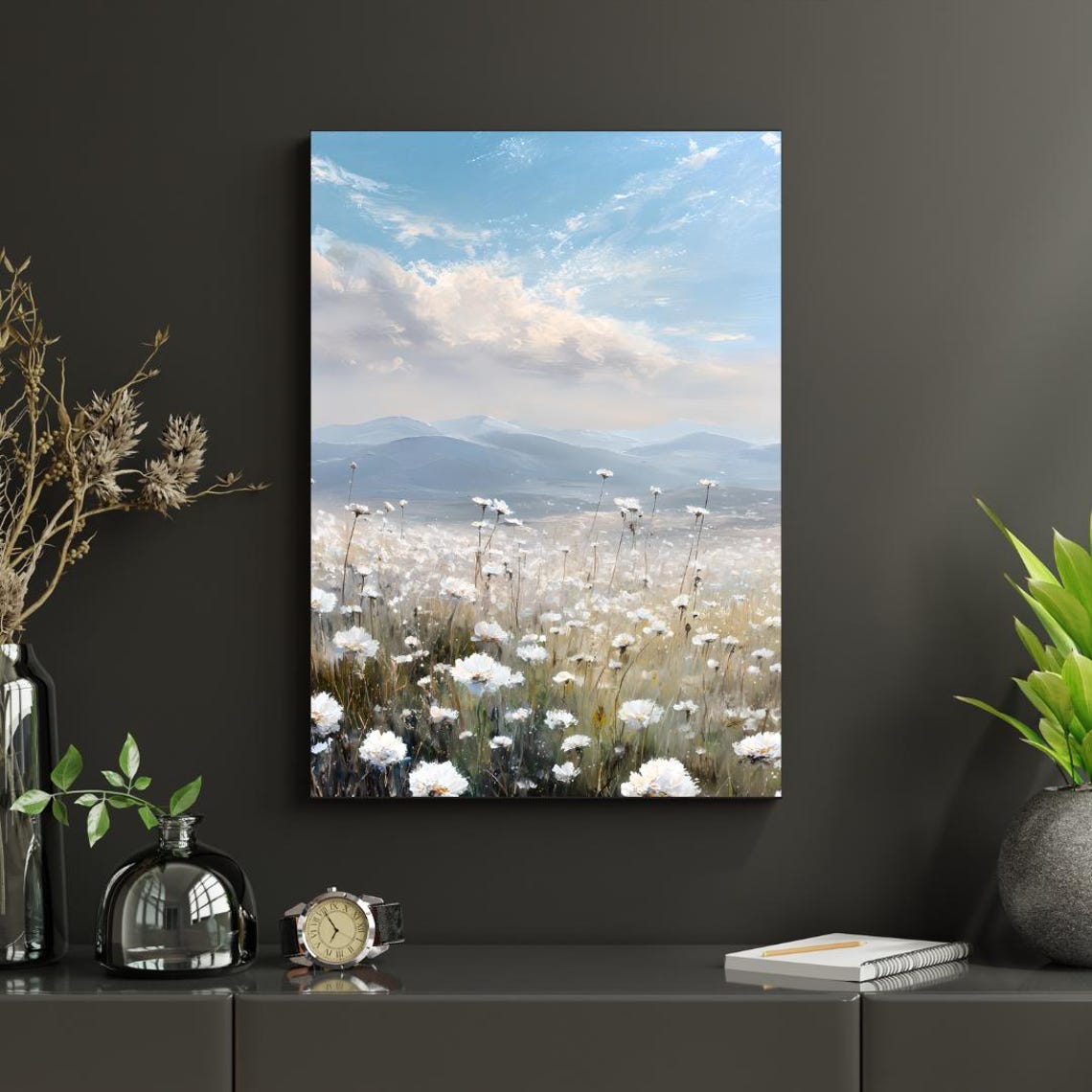 White Wildflowers Mountain Landscape Rustic Oil Painting Style