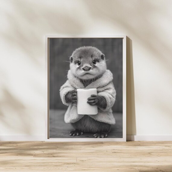 Baby Otter Bathroom Art Black And White Animal Print