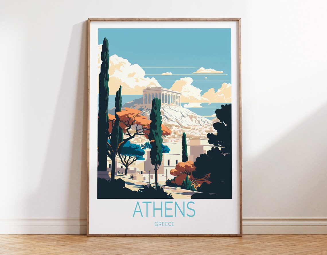 Athens Greece Acropolis Parthenon Cypress Trees Classic Travel Poster