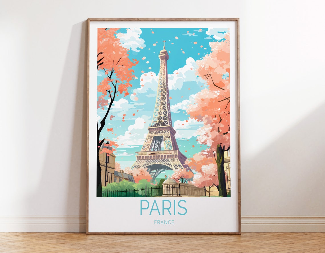 Paris France Eiffel Tower Spring Blossom Scene Travel Poster