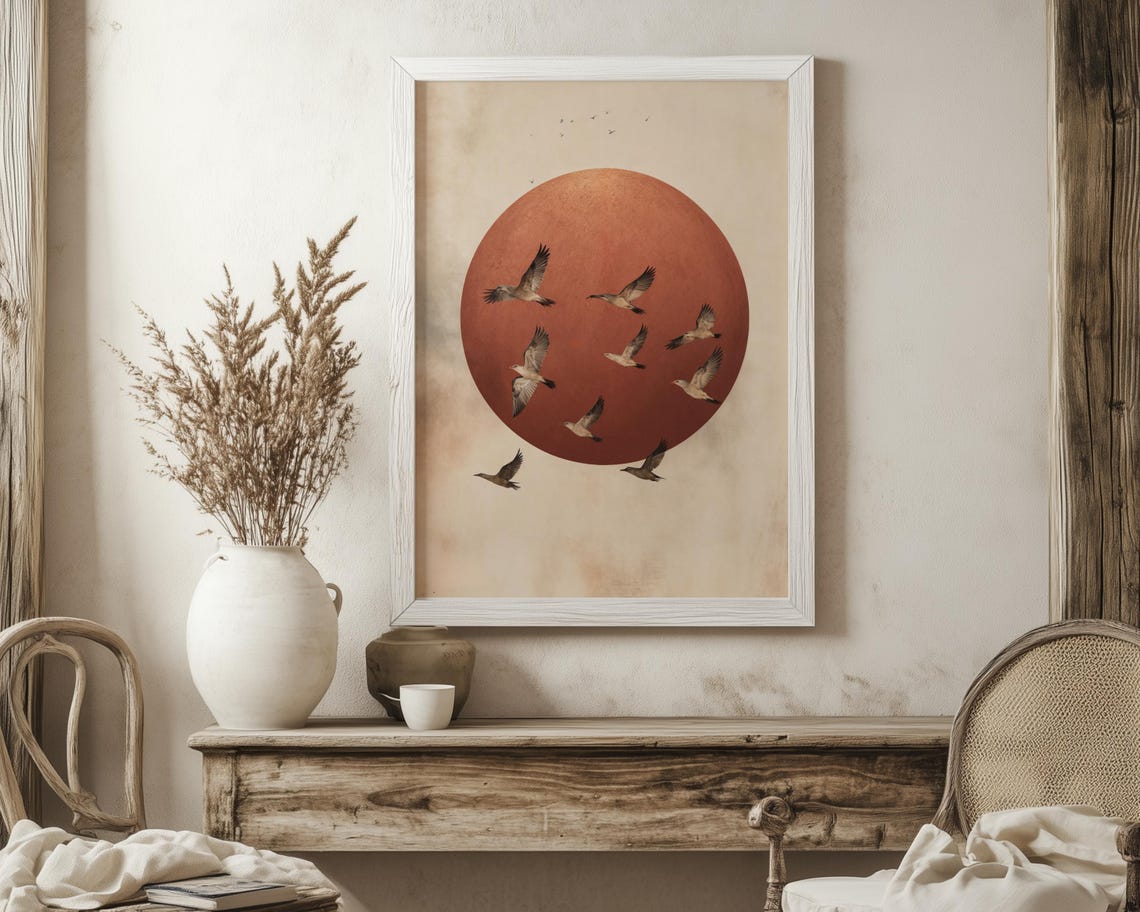 Flock of Birds Flying Across Copper Sun Minimalist Nature Poster - Image 4