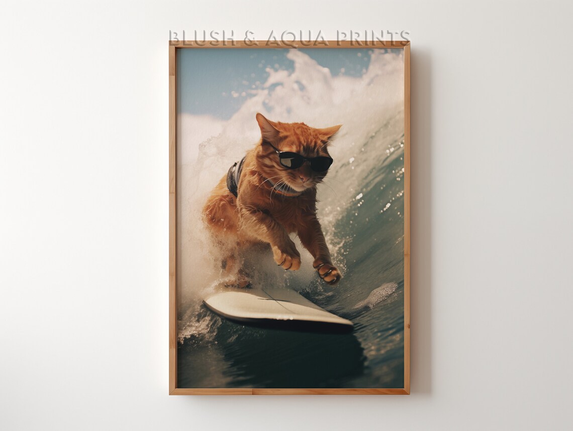 Orange Surfing Cat Wearing Sunglasses Retro Beach Funny Wall Art