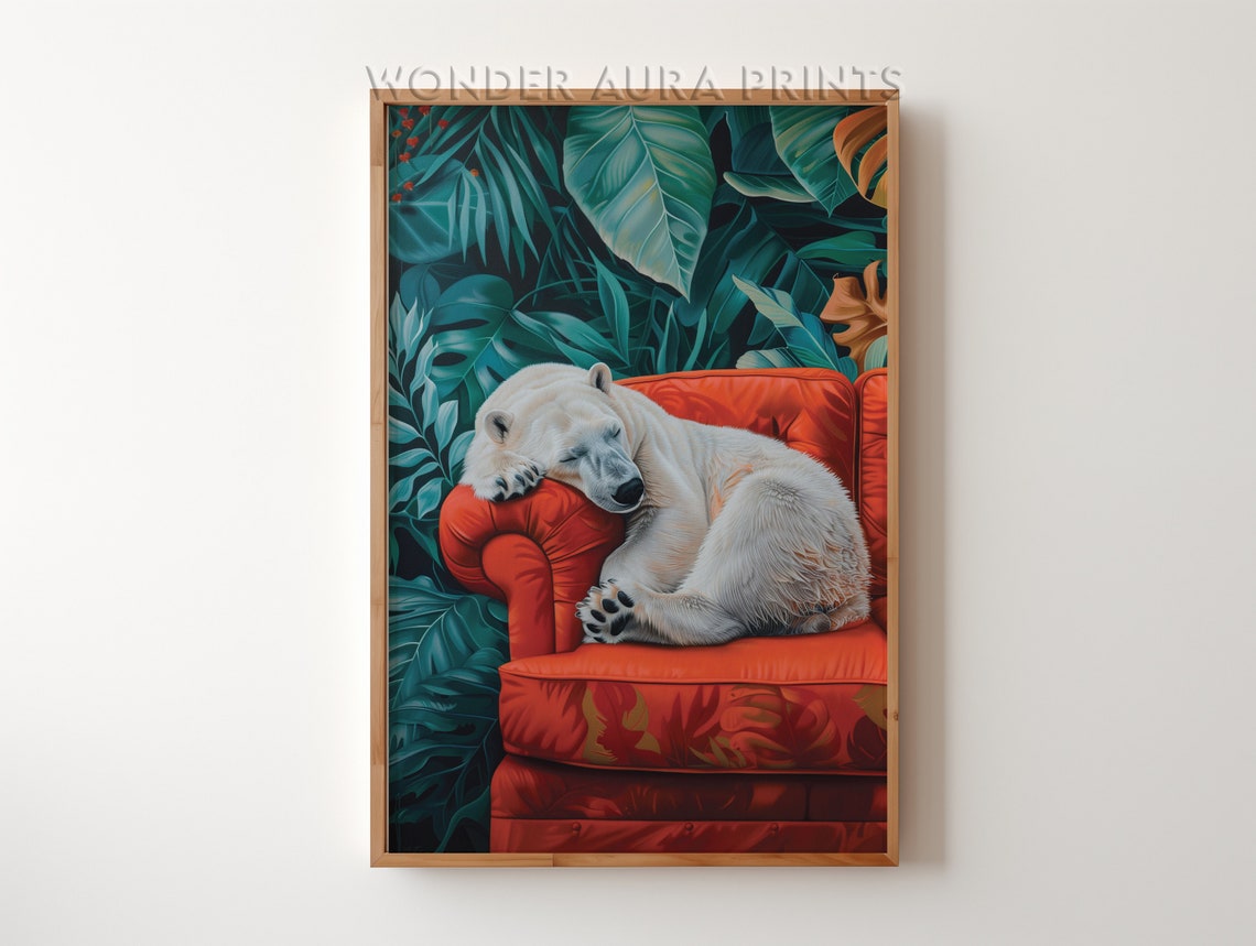 Sleeping Polar Bear on Red Sofa Jungle Botanical Wall Poster