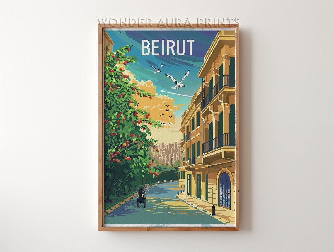 Beirut Lebanon Sunlit Old Street Retro Style City Travel Poster