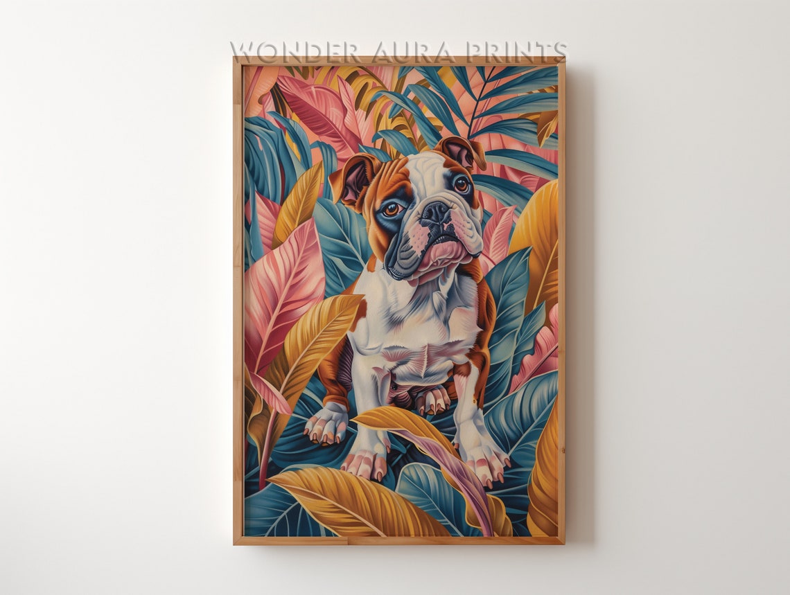 English Bulldog Puppy Portrait in Tropical Leaves Jungle Poster