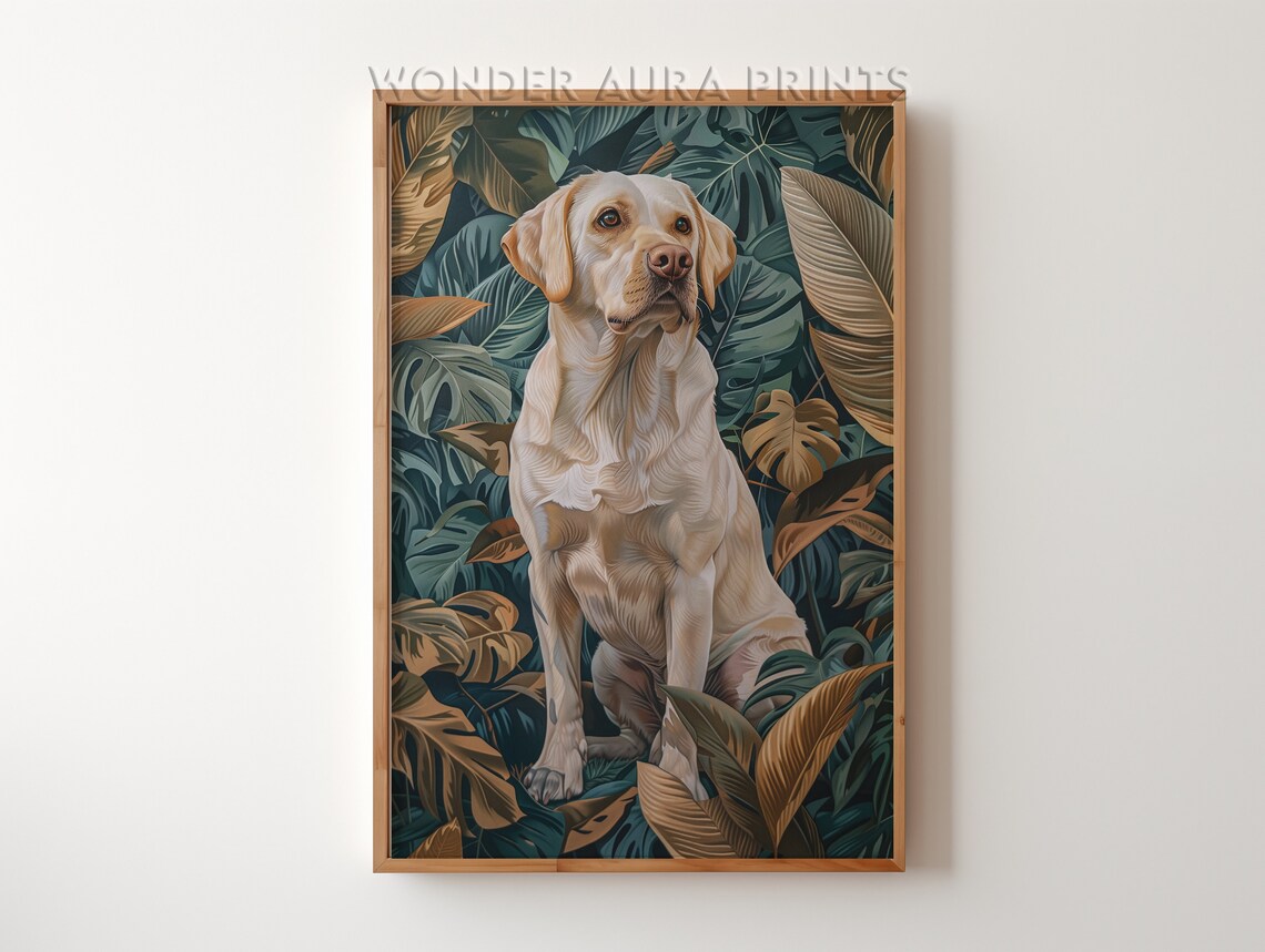 White Labrador Retriever Tropical Monstera Jungle Decor Poster