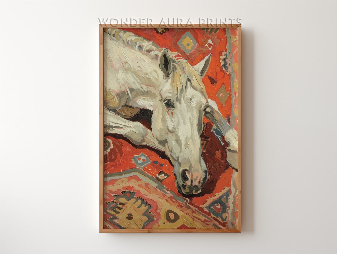 White Horse Resting on Red Patterned Carpet Maximalist Animal Poster