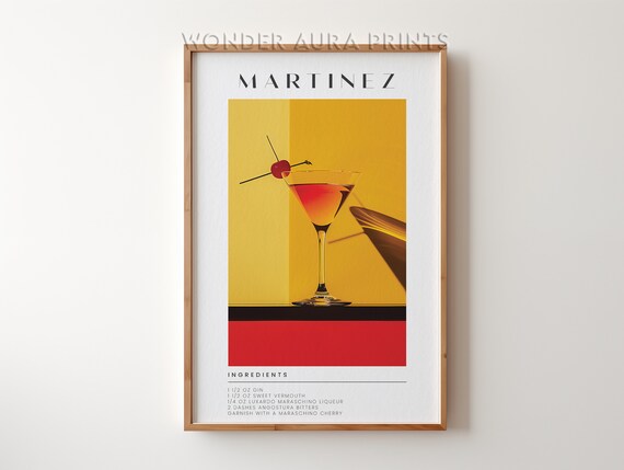 Classic Martinez Cocktail Recipe Retro Style Home Bar Wall Art