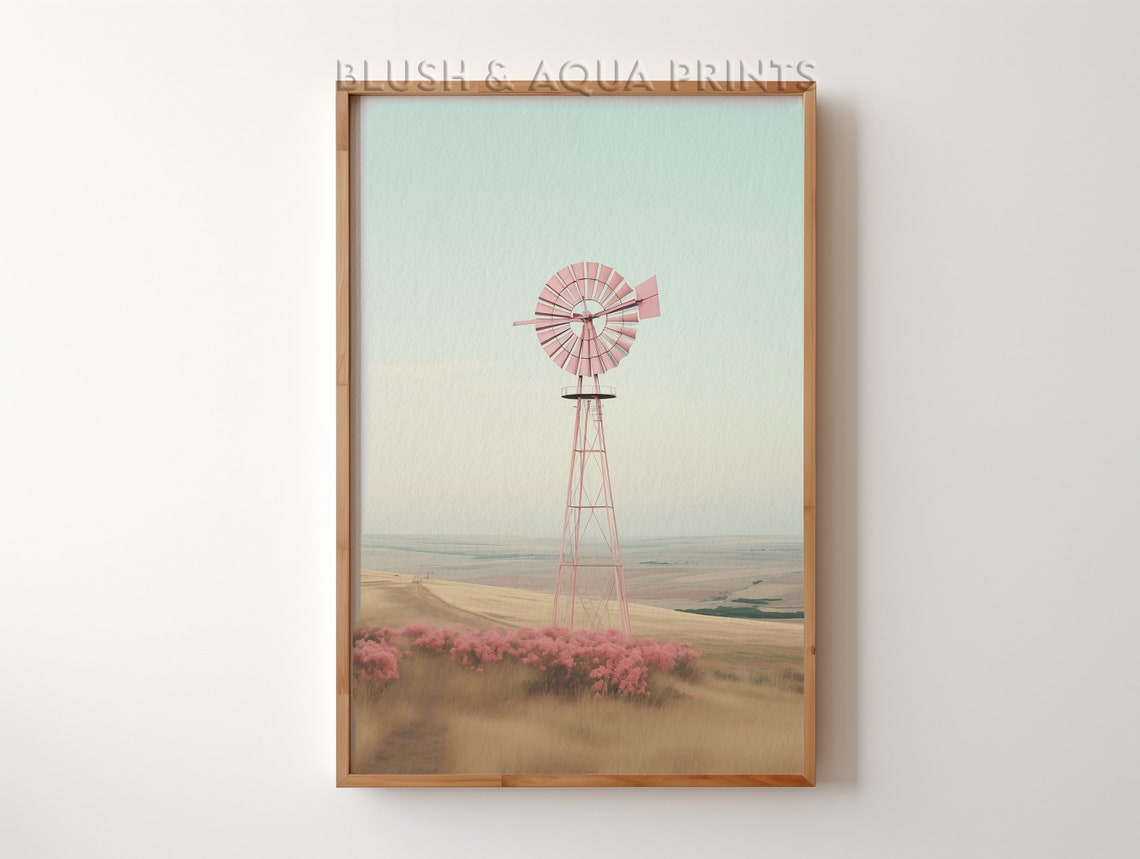 Pink Windmill Over Golden Plains Dreamy Country Field Poster