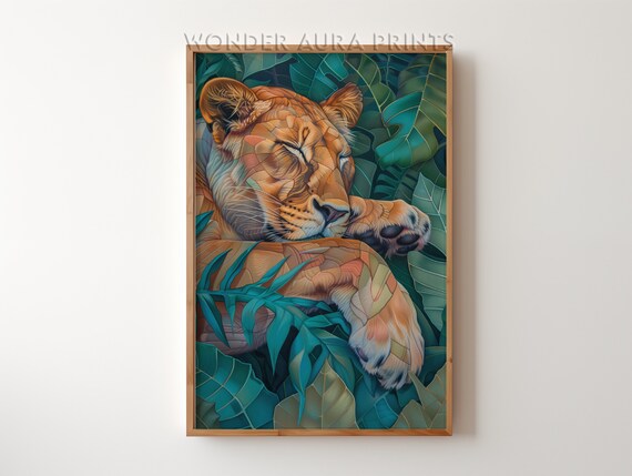 Lioness Sleeping In Jungle Maximalist Wall Decor Female Lion Art Wonder Aura Prints