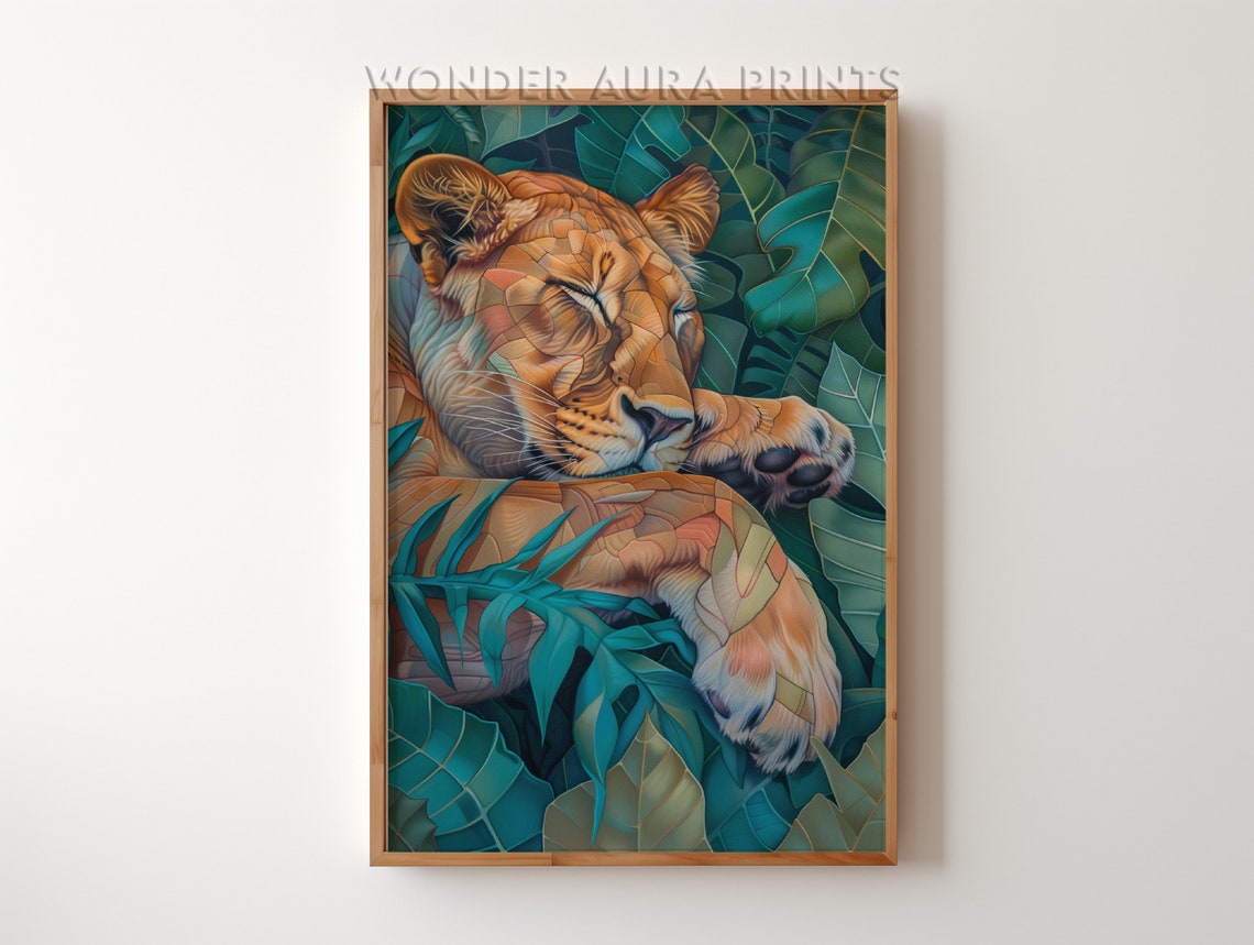 Sleeping Lioness Resting in Lush Jungle Leaves Maximalist Poster