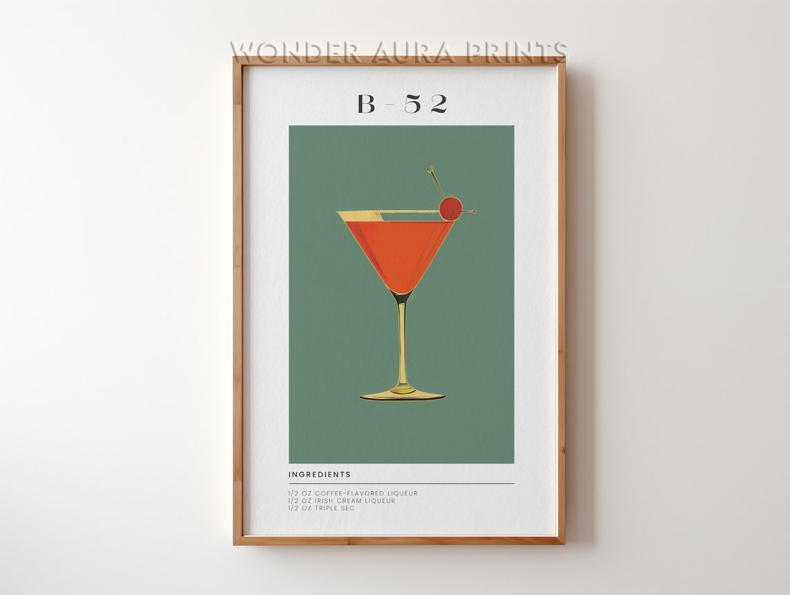 B-52 Cocktail Recipe Green Retro Bar Print With Cherry Garnish