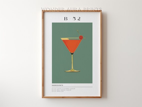 B-52 Cocktail Recipe Green Retro Bar Print With Cherry Garnish