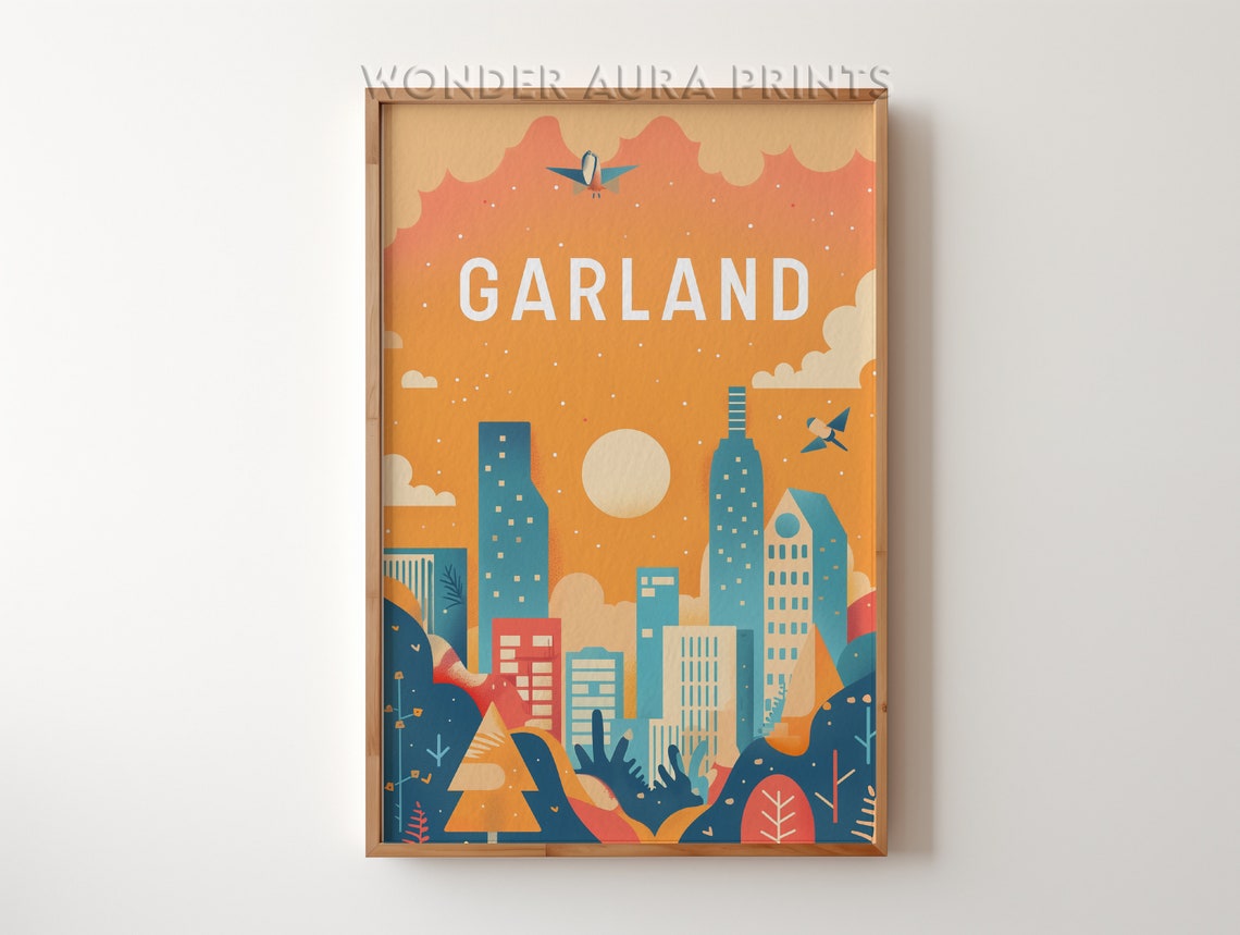 Garland Sunset Skyline Illustration Mid Century Retro Art Poster