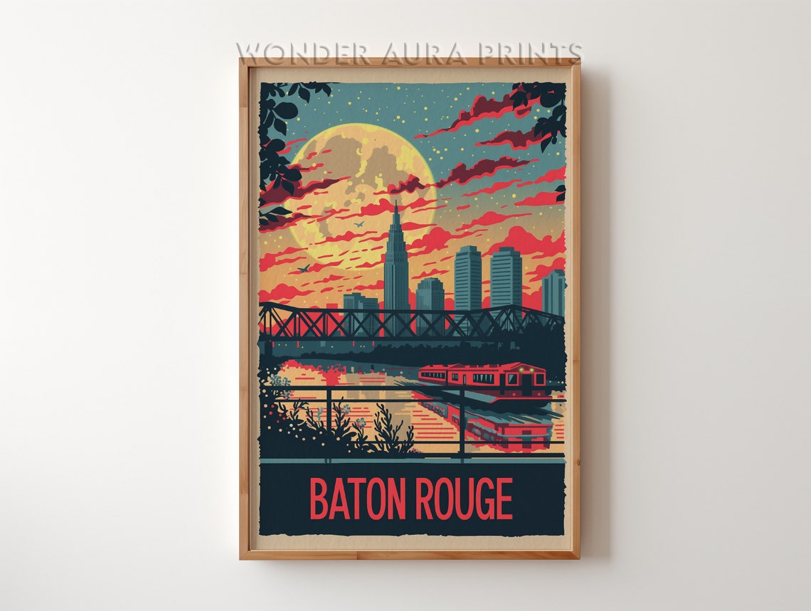 Baton Rouge Sunset Skyline Under a Giant Moonrise Travel Poster