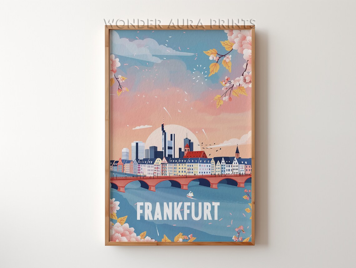 Frankfurt Red Bridge Cherry Blossoms Old Town Skyline City Poster