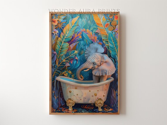 Elephant In A Bathtub Maximalist Bathroom Decor Dopamine Print Jungle Wall Wonder Aura Prints