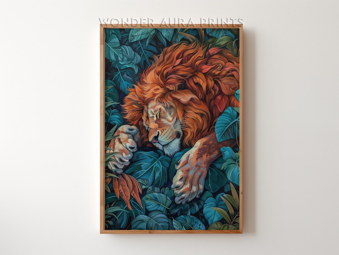 Male Lion Sleeping In Jungle Maximalist Wall Decor Art Wonder Aura Prints