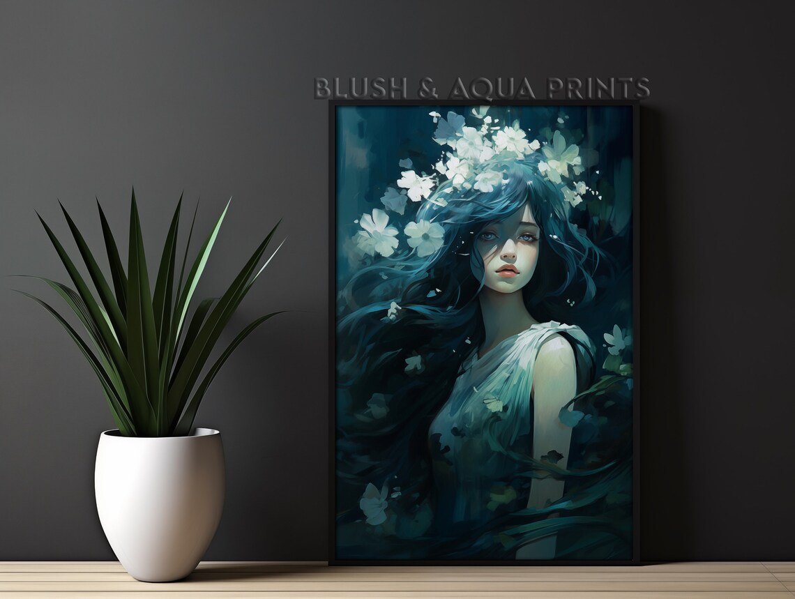 Dreamy Anime Woman With Flowing Hair White Blossoms Fantasy Art Poster