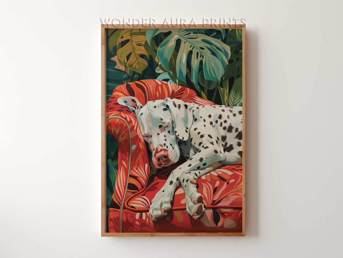 Sleeping Dalmatian On Red Floral Chair Tropical Leaves Art Poster