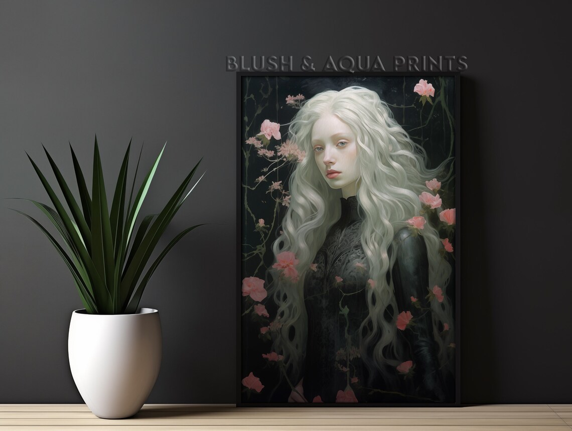 Moonlit Gothic Beauty White Hair Pink Flowers Fantasy Poster