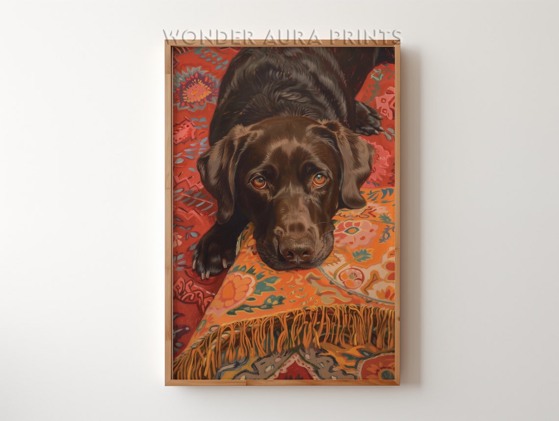 Chocolate Labrador Puppy Resting On Red Patterned Rug Decor Poster