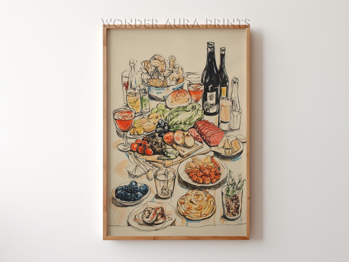 French Feast Table Sketch With Wine Cheese And Fresh Bread Poster