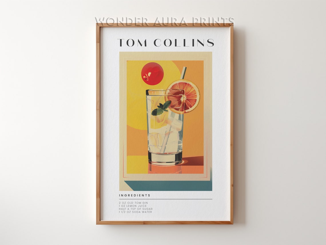 Tom Collins Cocktail Recipe Vintage Gin Highball Bar Cart Poster