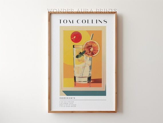 Tom Collins Cocktail Recipe Vintage Gin Highball Bar Cart Poster