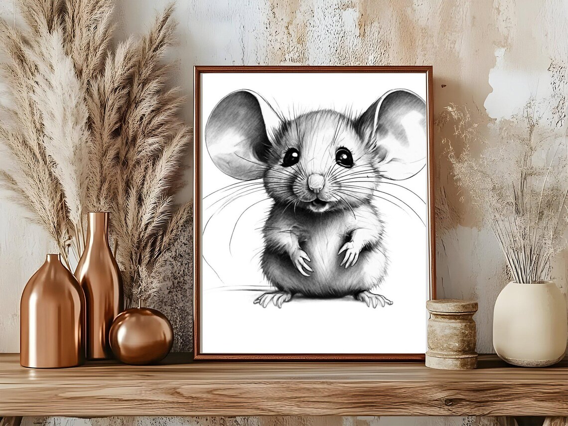 Cute Baby Mouse Pencil Sketch Nursery Kids Room Animal Poster - Image 5
