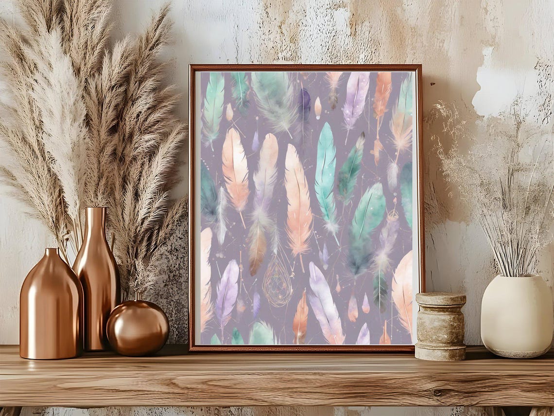 Pastel Feather Pattern Poster Purple Boho Watercolor Wall Decor - Image 2