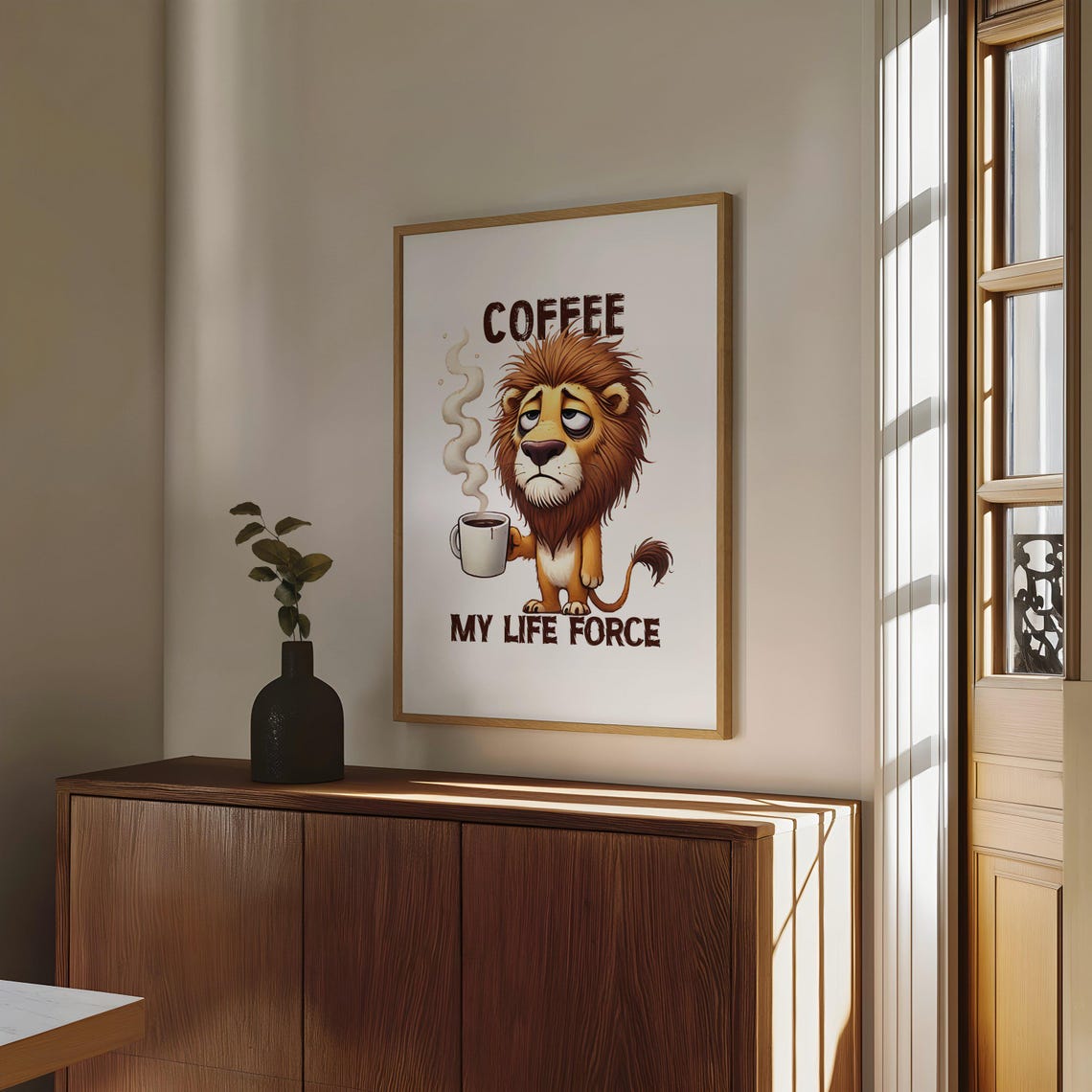 Funny Sleepy Lion Poster Saying Coffee My Life Force With Steaming Mug - Image 4