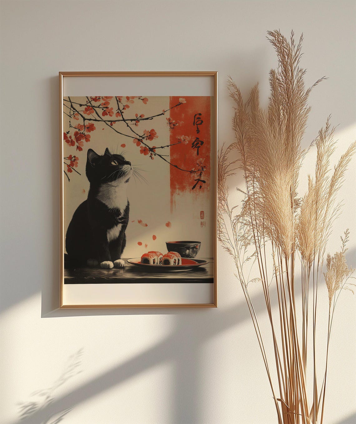 Charming Black Cat With Sushi Plate Under Cherry Blossoms Art Poster - Image 2