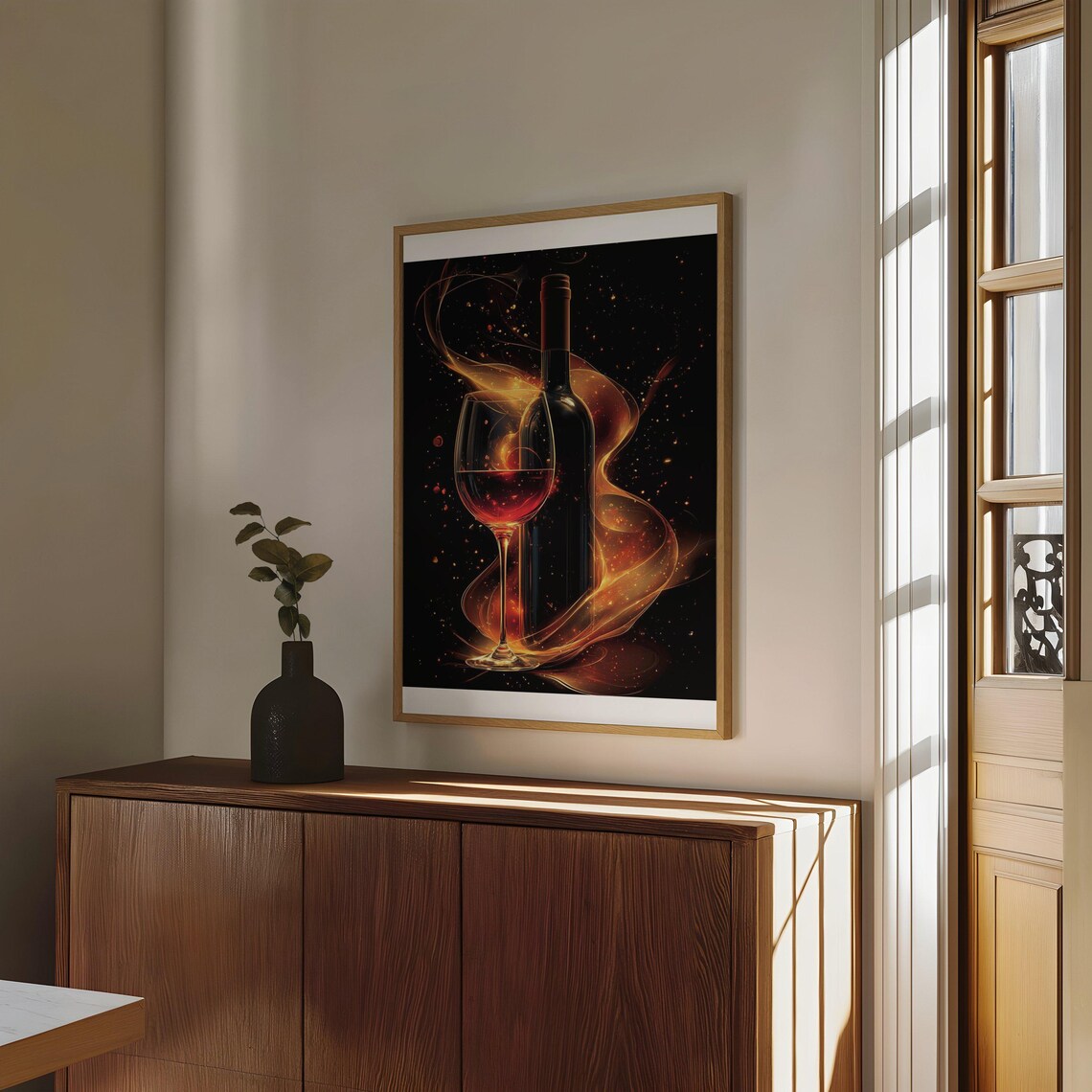 Wine Bottle and Glass in Golden Smoke on Black Kitchen Poster - Image 4