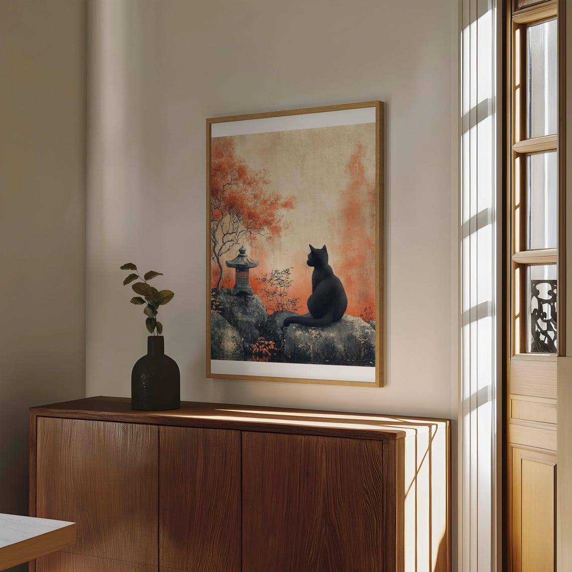 Black Cat Resting in a Japanese Zen Garden With Red Maple Tree Poster - Image 4