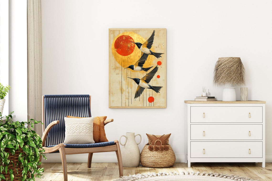 Three Swallows in Flight Poster With Bold Red Sun Japanese Style - Image 3