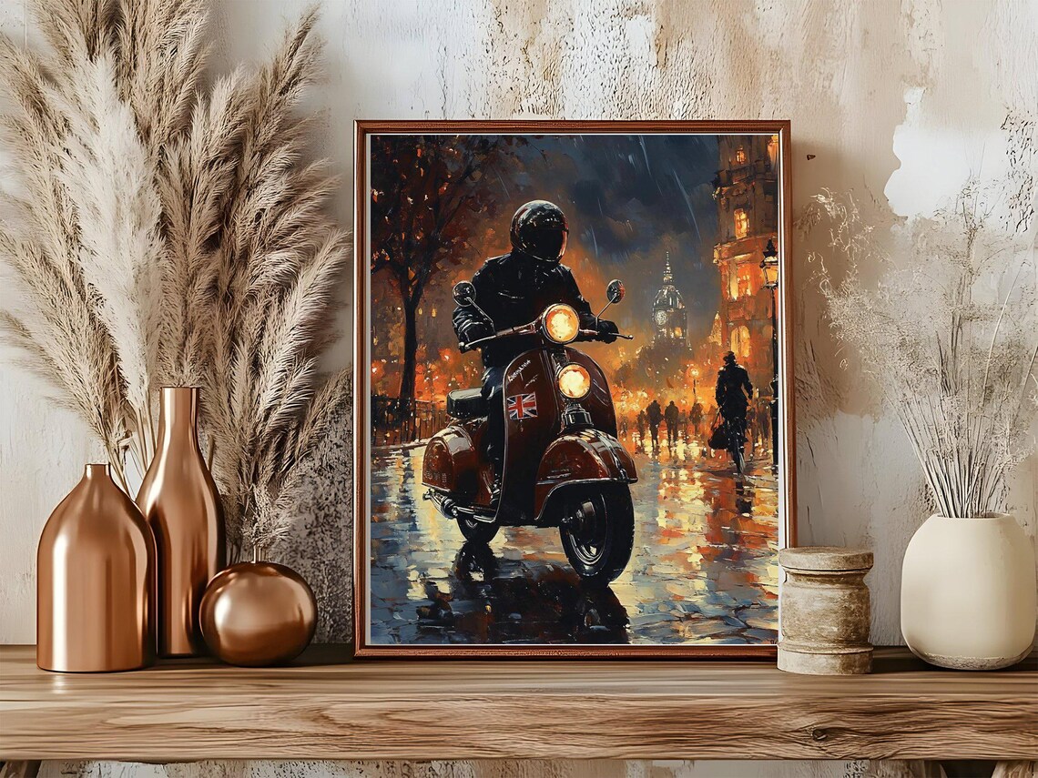 Vintage Scooter Rider in Rainy Night City Street Painting Poster - Image 5