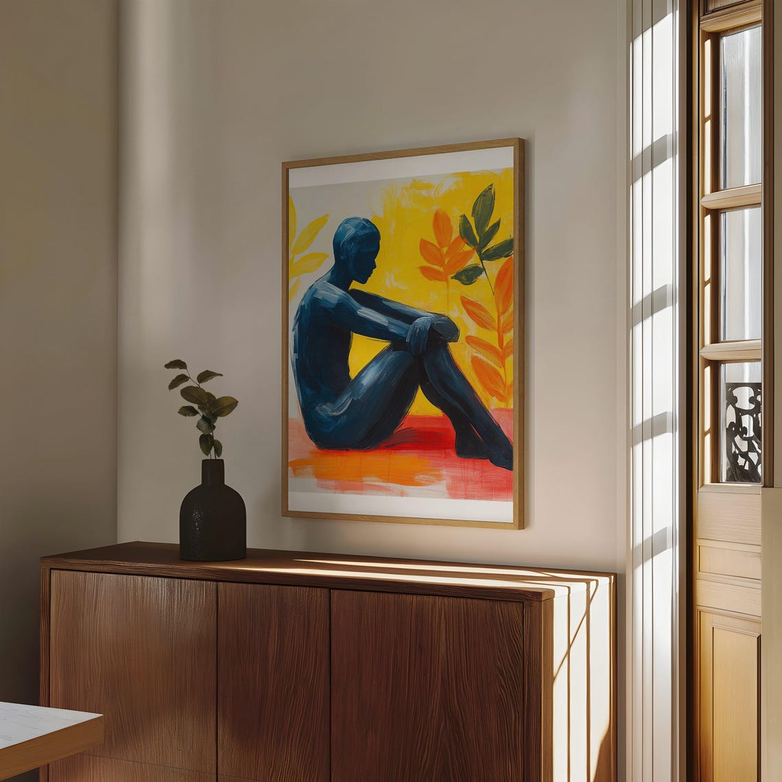 Cobalt Blue Seated Nude Figure on Radiant Yellow Backdrop Art Poster - Image 4