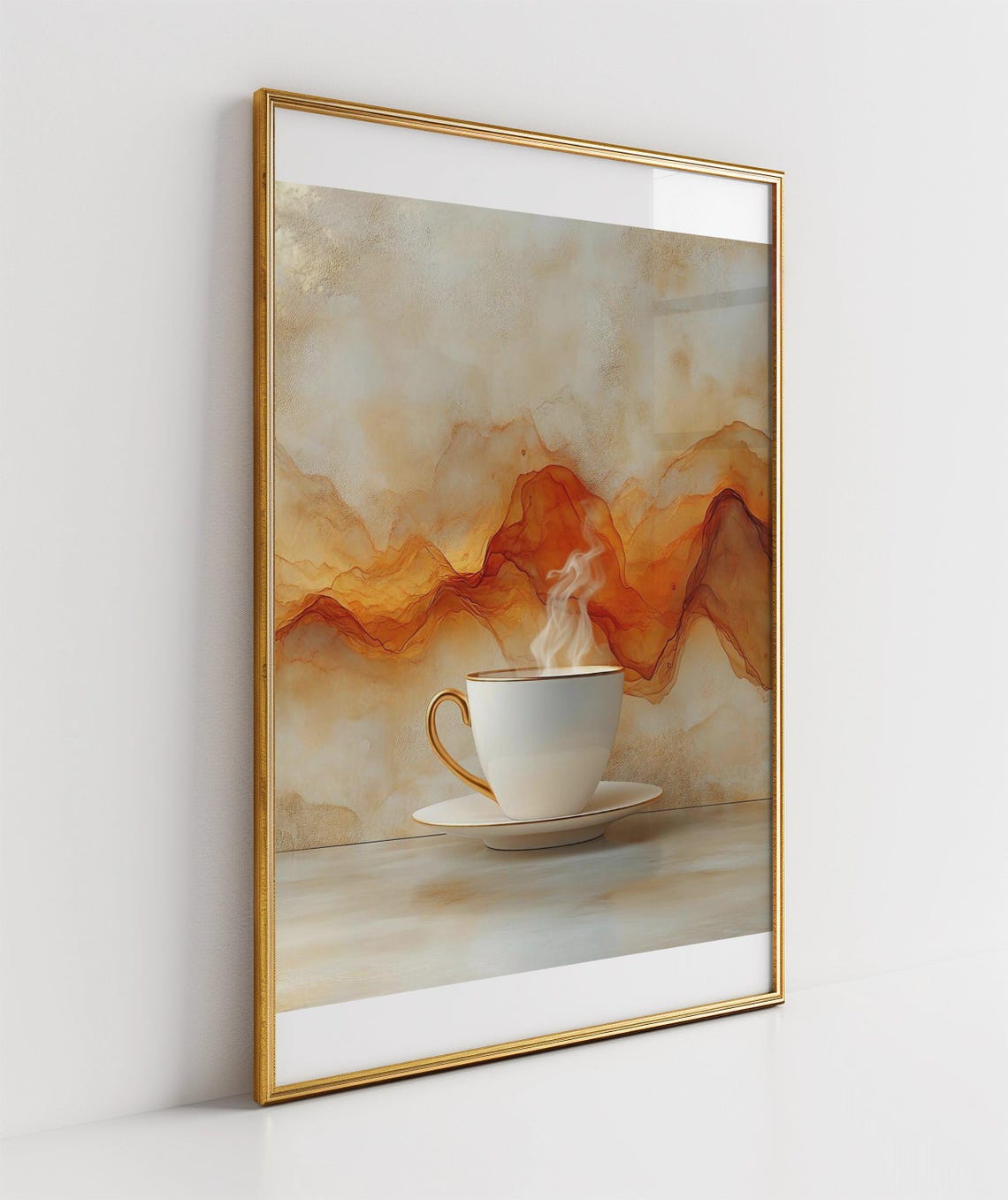 Steaming Coffee Cup Warm Amber Watercolor Swirl Kitchen Art Poster - Image 3
