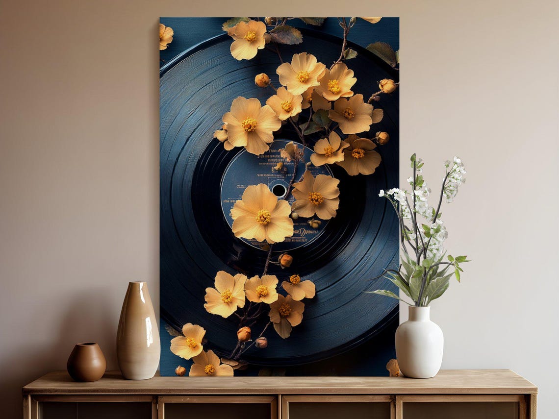 Navy Vinyl Record Wrapped In Yellow Flowering Branches Poster - Image 5
