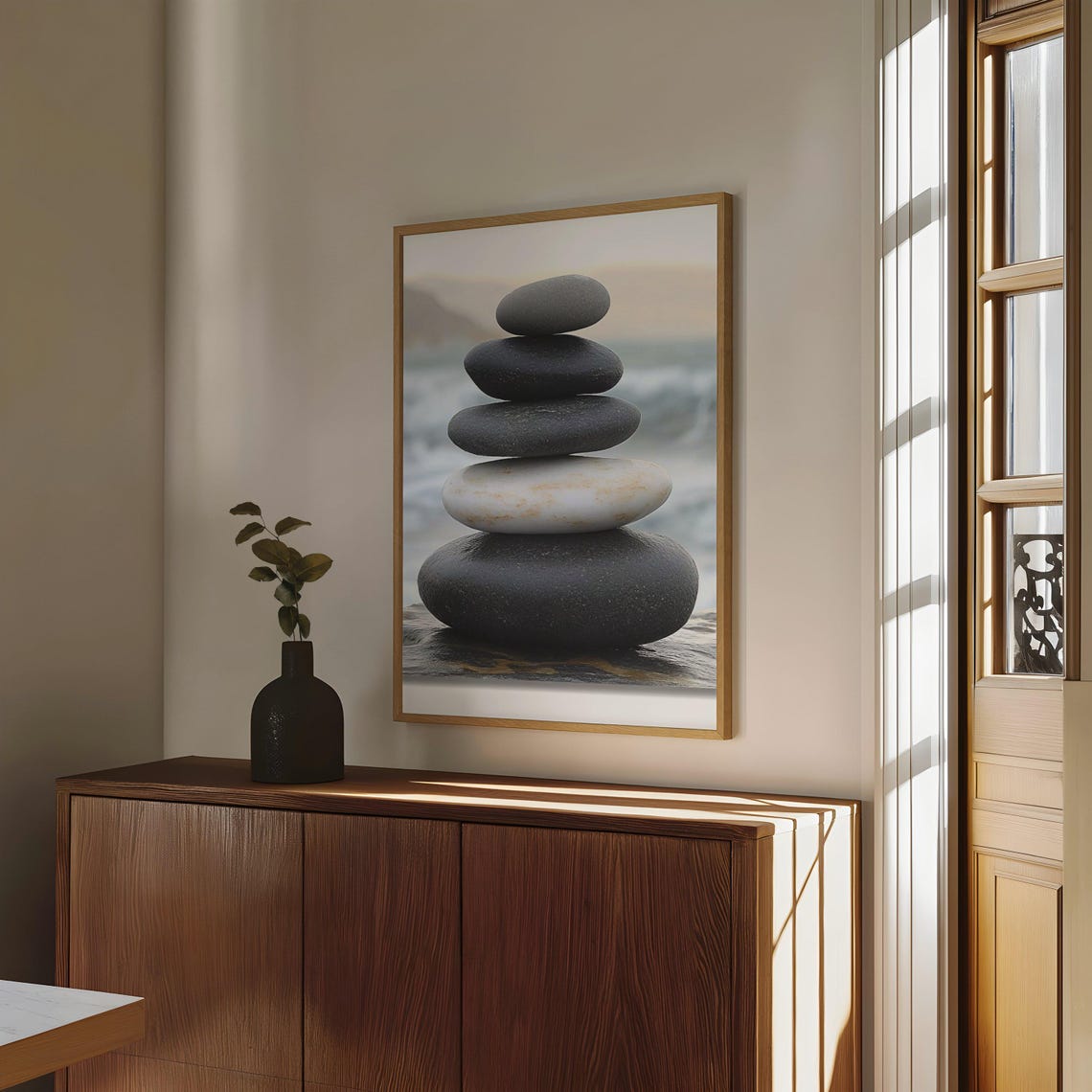 High Contrast Black and White Stone Stack Zen Balance Art Poster - Image 4