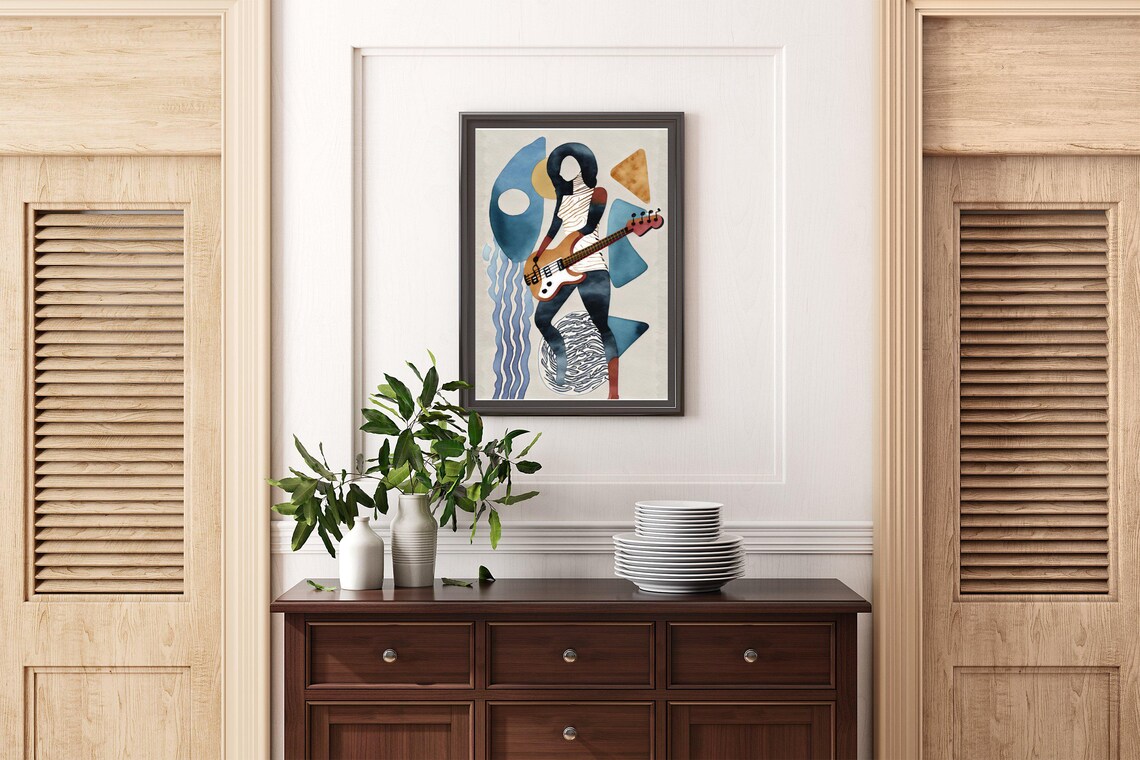 Abstract Watercolor Musician Playing a Bass Guitar Art Poster - Image 2