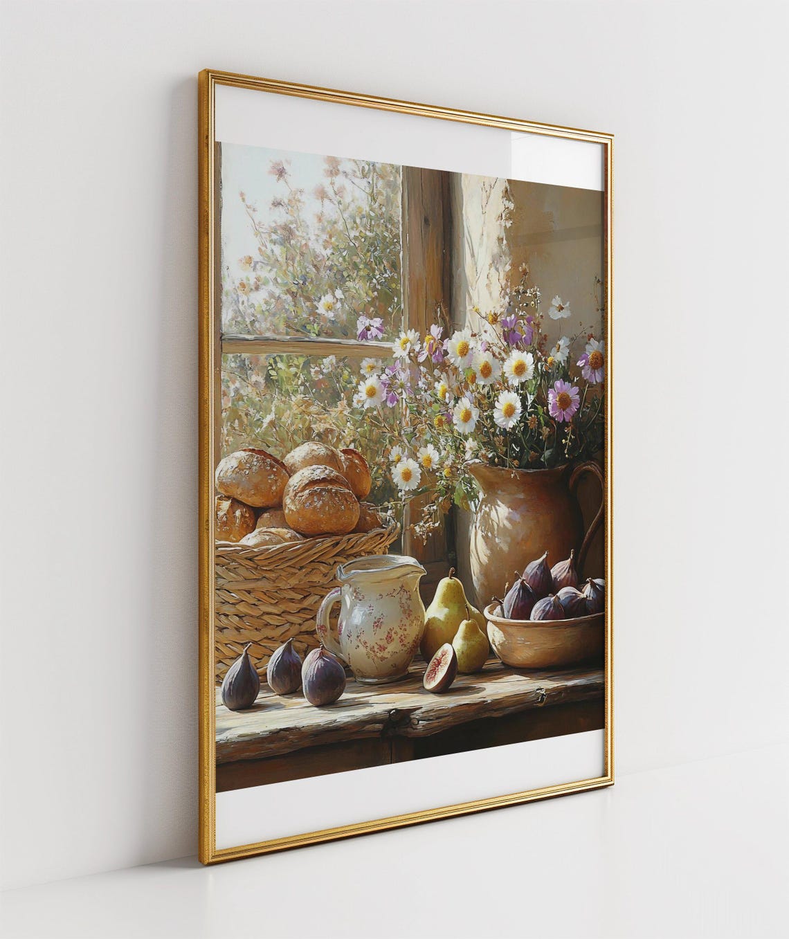 Rustic Harvest Still Life with Bread Figs and Daisies Art Poster - Image 3