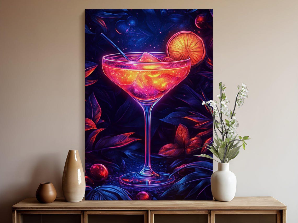 Neon Cocktail Poster With Glowing Martini Glass on Dark Tropics - Image 5